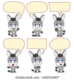 Collection of funny donkey in different poses and emotions with speech bubbles