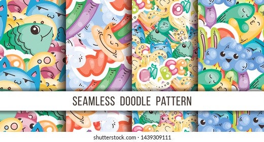 Collection of funny doodle monsters and abstract seamless pattern for prints, designs and coloring books. Vector illustration