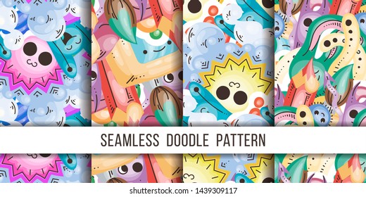 Collection of funny doodle monsters and abstract seamless pattern for prints, designs and coloring books. Vector illustration