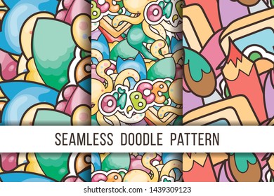Collection of funny doodle monsters and abstract seamless pattern for prints, designs and coloring books. Vector illustration