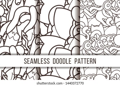 Collection of funny doodle monsters and abstract seamless pattern for prints, designs and coloring books. Vector illustration