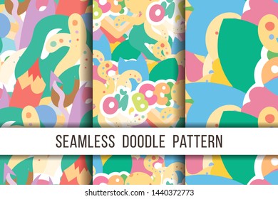 Collection of funny doodle monsters and abstract seamless pattern for prints, designs and coloring books. Vector illustration