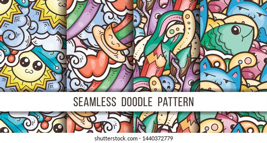Collection of funny doodle monsters and abstract seamless pattern for prints, designs and coloring books. Vector illustration