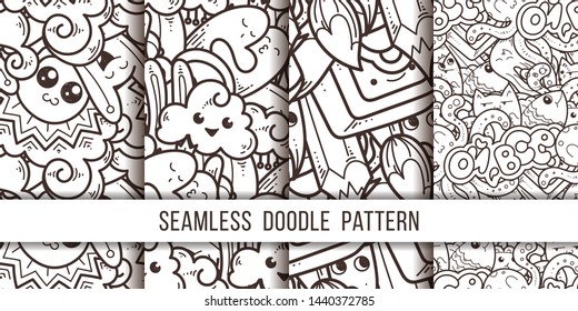 Collection of funny doodle monsters and abstract seamless pattern for prints, designs and coloring books. Vector illustration