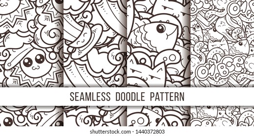 Collection of funny doodle monsters and abstract seamless pattern for prints, designs and coloring books. Vector illustration