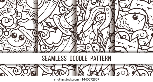 Collection of funny doodle monsters and abstract seamless pattern for prints, designs and coloring books. Vector illustration