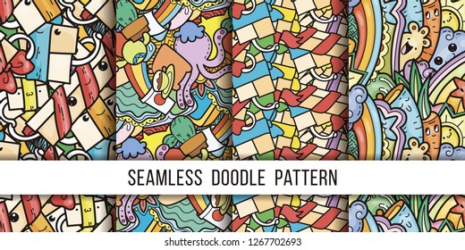 Collection of funny doodle monsters and box seamless pattern for prints, designs and coloring books. Vector illustration