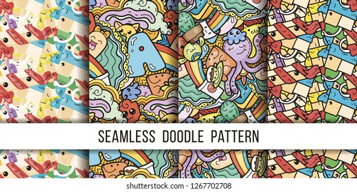 Collection of funny doodle monsters and box seamless pattern for prints, designs and coloring books. Vector illustration