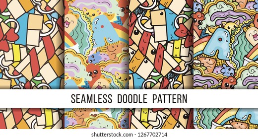 Collection of funny doodle monsters and box seamless pattern for prints, designs and coloring books. Vector illustration