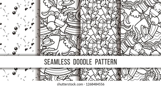 Collection of funny doodle monsters and box seamless pattern for prints, designs and coloring books. Vector illustration