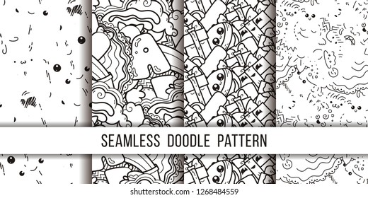 Collection of funny doodle monsters and box seamless pattern for prints, designs and coloring books. Vector illustration