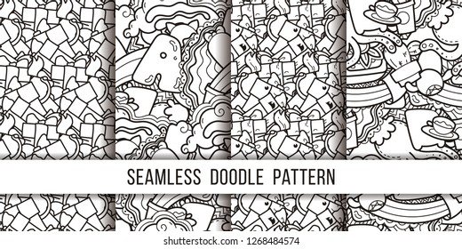 Collection of funny doodle monsters and box seamless pattern for prints, designs and coloring books. Vector illustration