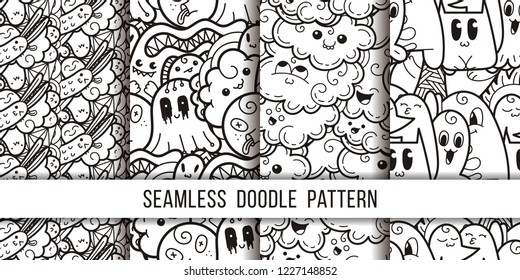 Collection of funny doodle monsters seamless pattern for prints, designs and coloring books. Vector illustration