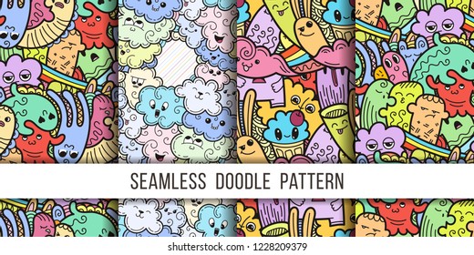 Collection of funny doodle monsters seamless pattern for prints, designs and coloring books. Vector illustration