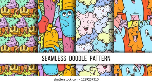 Collection of funny doodle monsters seamless pattern for prints, designs and coloring books. Vector illustration