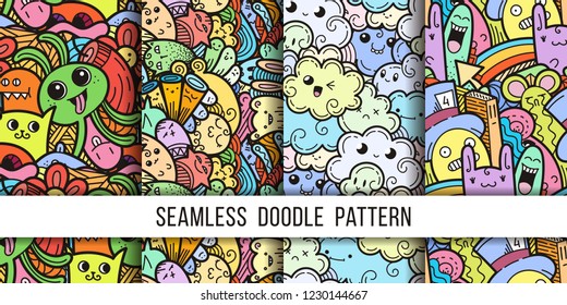 Collection of funny doodle monsters seamless pattern for prints, designs and coloring books. Vector illustration