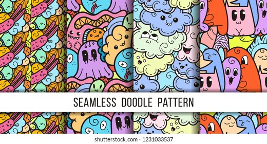 Collection of funny doodle monsters seamless pattern for prints, designs and coloring books. Vector illustration