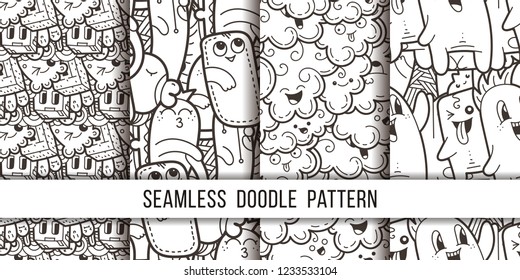 Collection of funny doodle monsters seamless pattern for prints, designs and coloring books. Vector illustration