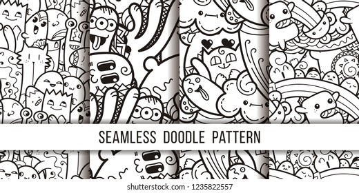 Collection of funny doodle monsters seamless pattern for prints, designs and coloring books. Vector illustration