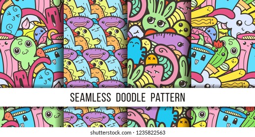 Collection of funny doodle monsters seamless pattern for prints, designs and coloring books. Vector illustration