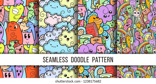 Collection of funny doodle monsters seamless pattern for prints, designs and coloring books. Vector illustration