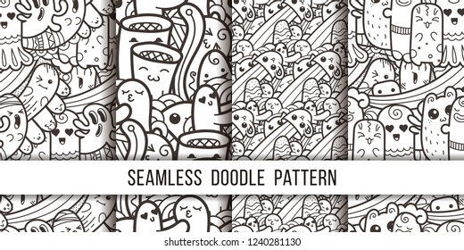 Collection of funny doodle monsters seamless pattern for prints, designs and coloring books. Vector illustration