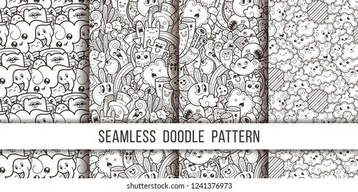 Collection of funny doodle monsters seamless pattern for prints, designs and coloring books. Vector illustration