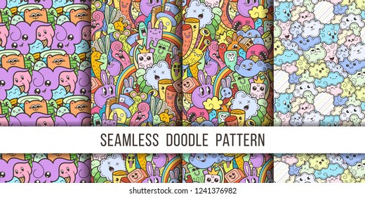 Collection of funny doodle monsters seamless pattern for prints, designs and coloring books. Vector illustration
