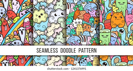 Collection of funny doodle monsters seamless pattern for prints, designs and coloring books. Vector illustration