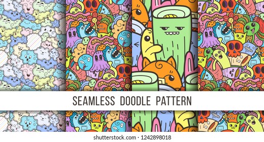 Collection of funny doodle monsters seamless pattern for prints, designs and coloring books. Vector illustration