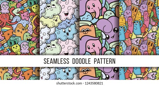 Collection of funny doodle monsters seamless pattern for prints, designs and coloring books. Vector illustration