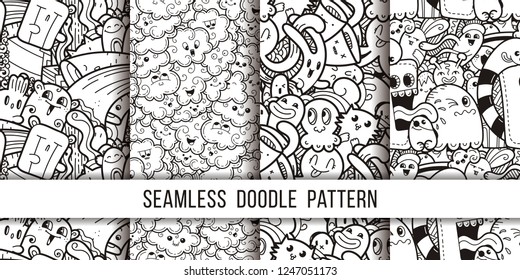 Collection of funny doodle monsters seamless pattern for prints, designs and coloring books. Vector illustration