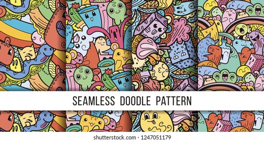 Collection of funny doodle monsters seamless pattern for prints, designs and coloring books. Vector illustration