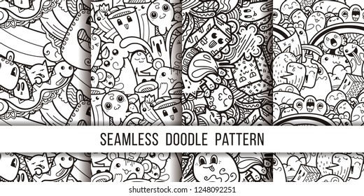 Collection of funny doodle monsters seamless pattern for prints, designs and coloring books. Vector illustration