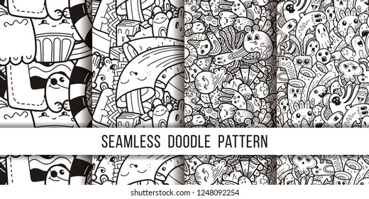 Collection of funny doodle monsters seamless pattern for prints, designs and coloring books. Vector illustration