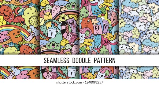 Collection of funny doodle monsters seamless pattern for prints, designs and coloring books. Vector illustration