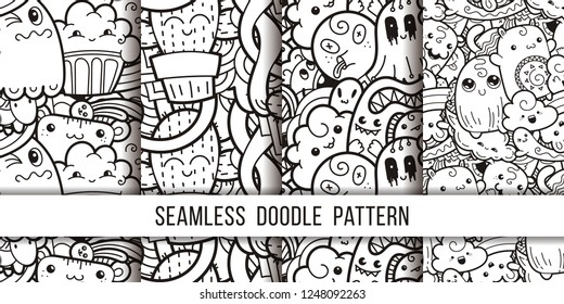 Collection of funny doodle monsters seamless pattern for prints, designs and coloring books. Vector illustration
