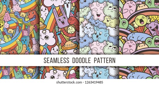 Collection of funny doodle monsters seamless pattern for prints, designs and coloring books. Vector illustration