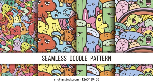 Collection of funny doodle monsters seamless pattern for prints, designs and coloring books. Vector illustration