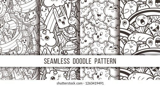 Collection of funny doodle monsters seamless pattern for prints, designs and coloring books. Vector illustration