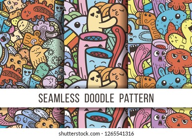 Collection of funny doodle monsters seamless pattern for prints, designs and coloring books. Vector illustration