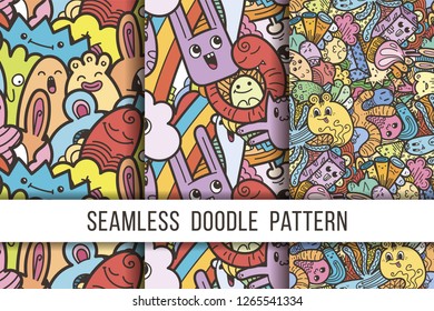 Collection of funny doodle monsters seamless pattern for prints, designs and coloring books. Vector illustration