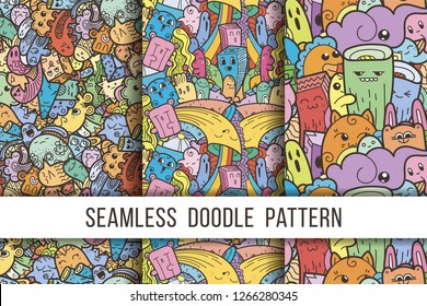 Collection of funny doodle monsters seamless pattern for prints, designs and coloring books. Vector illustration