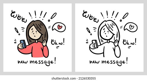 Collection of funny doodles in color and without. Cute sketch with a blogger girl in with a phone with notifications. Minimalistic abstraction for backgrounds, prints, logos, commerce, illustrations