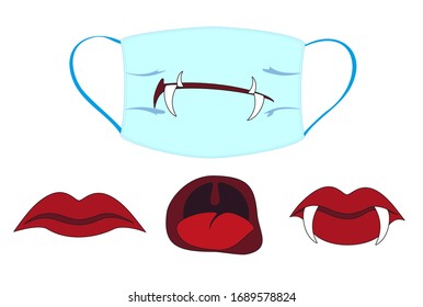 A collection of funny emotions for medical masks. Set of abstract images of lips with teeth and tongue. Coronavirus Prevention and Control.  EPS10 vector illustration