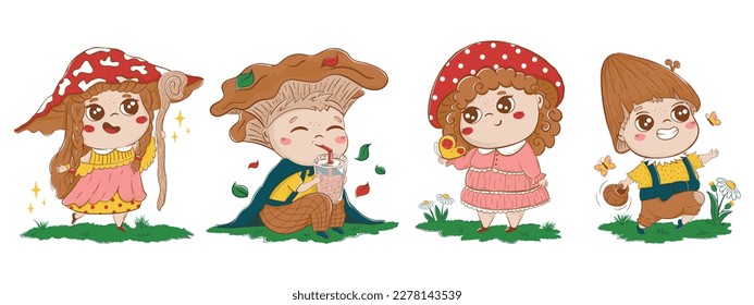 Colección de graciosos personajes de cuento de hadas de niños con sombreros de setas al estilo de doodle de dibujos animados. Clipart para la decoración de artículos para niños, papelería, guardería