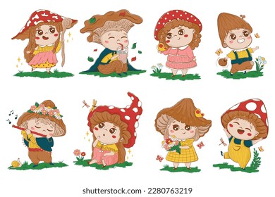 Collection of funny fairy tale characters of children with mushroom hats in cartoon doodle style. Clipart for decoration of children's goods, stationery, nursery