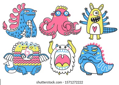 Collection of funny fantastic monsters or aliens. Fairytale creatures. Fun cartoon characters isolated on white background. Childish vector illustration