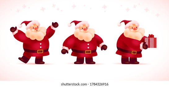 Collection of funny fat santa claus characters in red costume, hat smiling, waving, greeting, give gift box isolated on white snowy background. Merry Christmas 2021 mascot. Vector flat illustration.