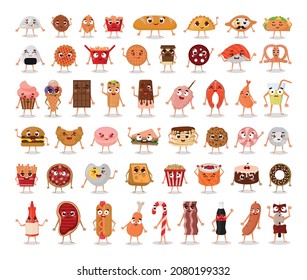 Collection of funny food characters. Cartoon illustrations.